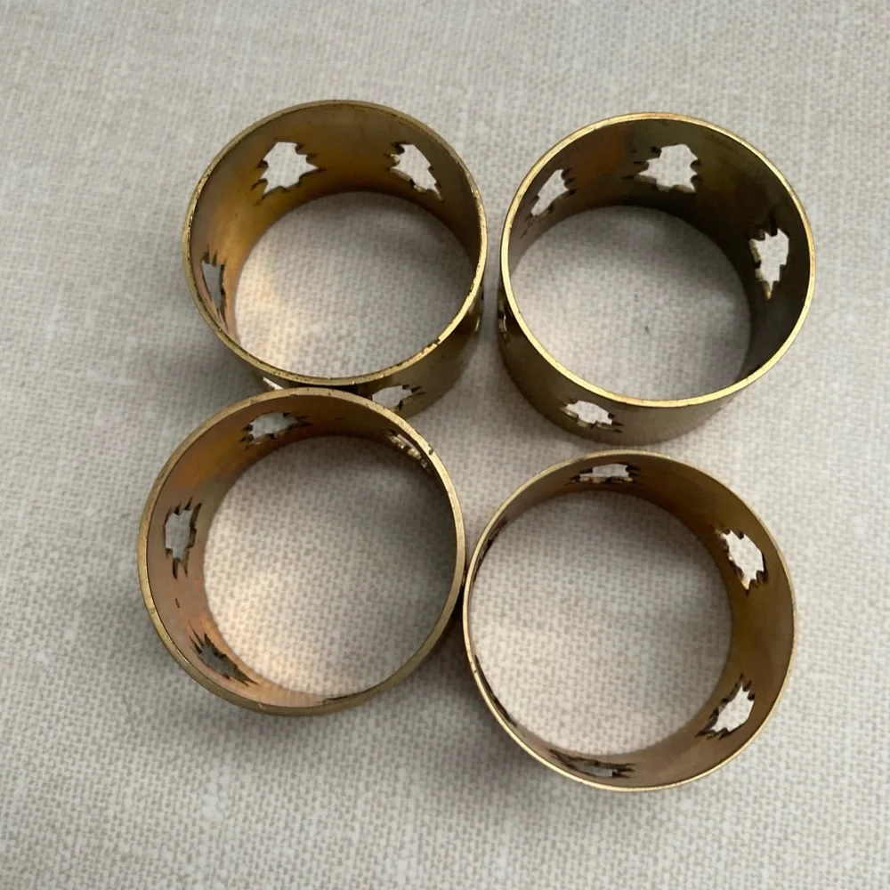 Vintage‎ Brass Laser Cut Christmas Tree Cut Out Napkin Rings Set of 4 Holiday